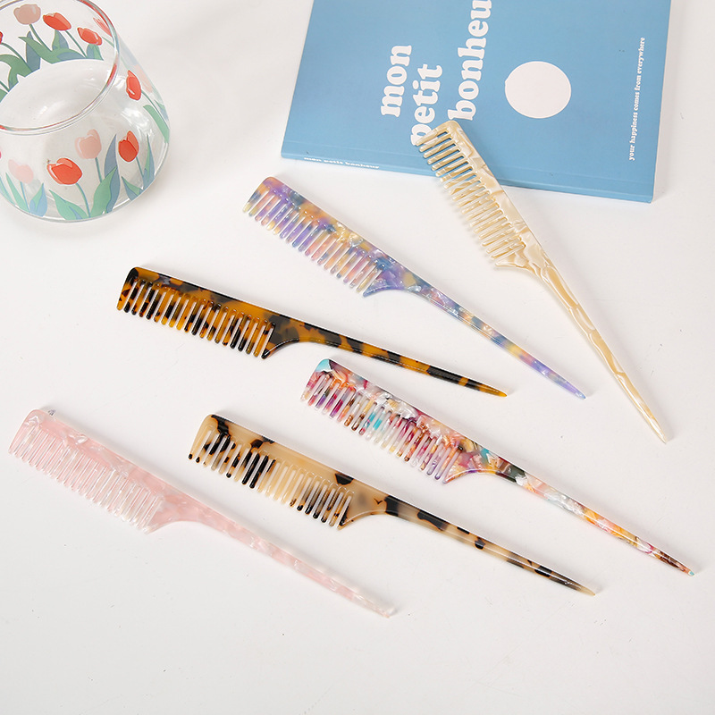 Acetic Acid Handle Hair Comb Simple Temperament Retro Marble Texture Long Handle Pointed Tail Comb