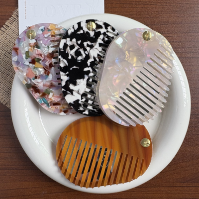 Custom Logo Portable Acetate Comb Thickened Foldable Two-in-One Makeup Mirror and Hairdressing Comb