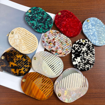Custom Logo Portable Acetate Comb Thickened Foldable Two-in-One Makeup Mirror and Hairdressing Comb