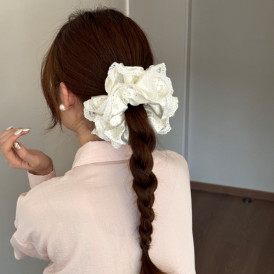 High-end satin polka dot lace double-layer scrunchie for women, elegant hair tie, bun hairband.