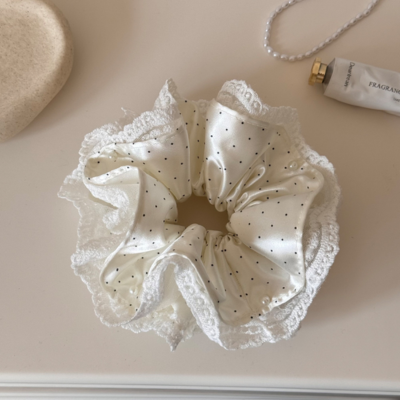 High-end satin polka dot lace double-layer scrunchie for women, elegant hair tie, bun hairband.