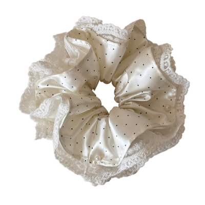 High-end satin polka dot lace double-layer scrunchie for women, elegant hair tie, bun hairband.