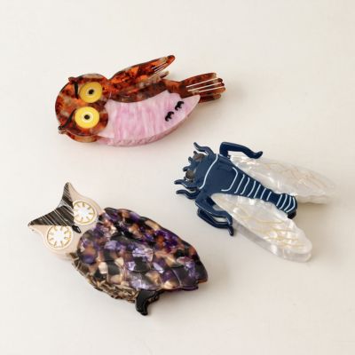 Animal & Insect Shaped Acetate Hair Claw Clips - Owl, Cicada & Grasshopper Acetic Acid Hair Clamp Se
